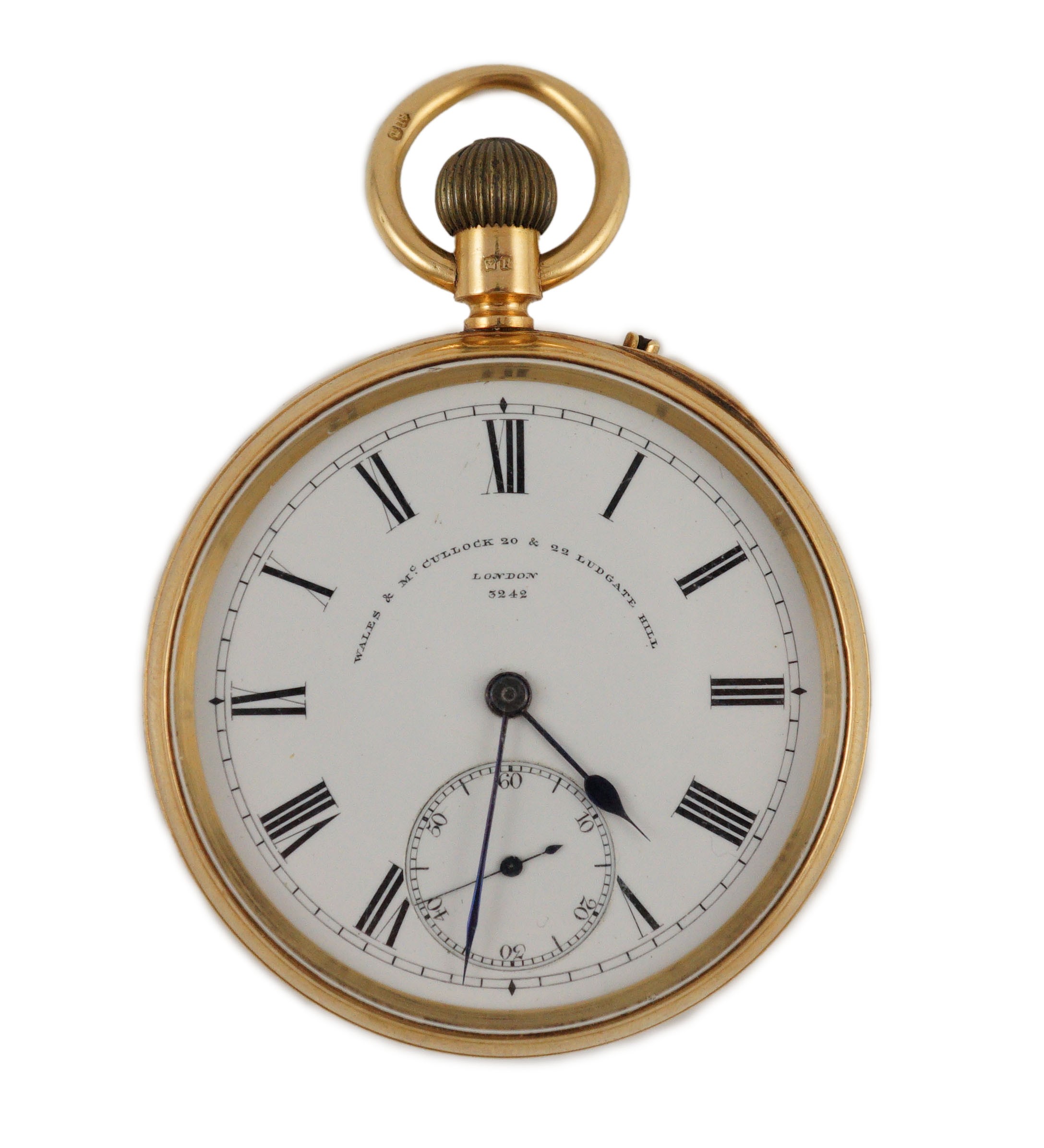 A late Victorian 18ct gold open face keyless lever pocket watch, by Wales & McCullock, Ludgate Hill, London